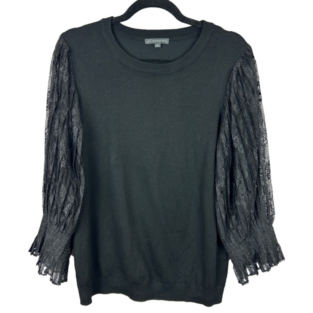 Adrianna Papell Lace Balloon Sleeve Round Neck Top Large Black
